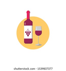 Bottle of wine and a glass in a circle icon on a white background. Vector illustration in flat style.