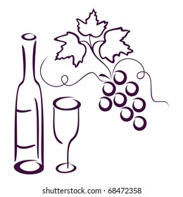 Bottle of Wine, Glass and Cluster of Vine on a White Background. 