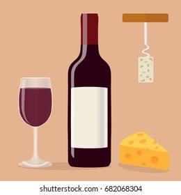 A bottle of wine, a glass of wine, a corkscrew and cheese. Flat design, vector illustration, vector.