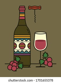 Bottle of wine, glass of wine, a corkscrew, and grapes fruit vector illustration. Flat style vector design