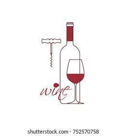A bottle of wine, a glass and a corkscrew. Linear icons. Vector illustration.