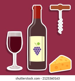 A bottle of wine, a glass of wine, a corkscrew and a piece of cheese. Vector, cartoon illustration. Vector.