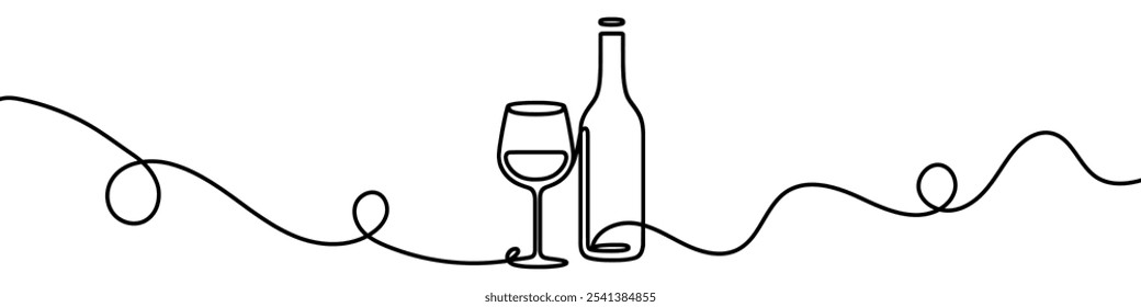 Garrafa de vinho e um copo são representados em um estilo de desenho de linha contínua. Ilustração vetorial.
