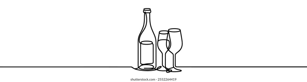 Garrafa de vinho e um copo são representados em um estilo de desenho de linha contínua. Ilustração vetorial.