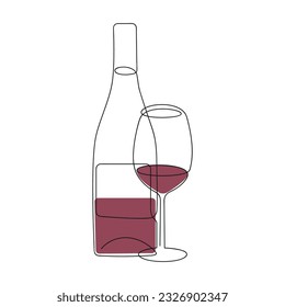 Bottle and wine glass drawn in one continuous line in color. One line drawing, minimalism. Vector illustration.