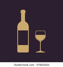 The bottle wine and a glass of drink icon. Wine symbol. Flat Vector illustration