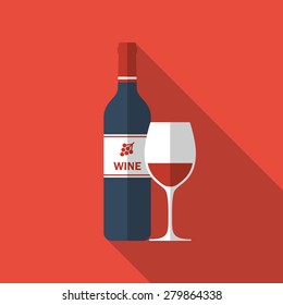 Bottle of wine with glass, flat design modern vector illustration.