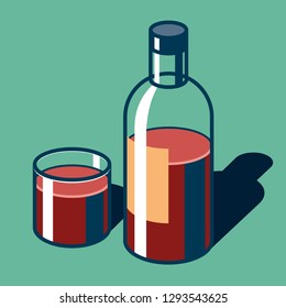 Bottle of wine and glass with flat style. Transparent glass object on color background. Simple volume vector elements for your project