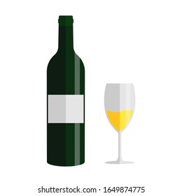 Eine Flasche Wein und ein Glas im flachen Stil. Vektorillustration-Illustration von Wein. Vektorillustration Symbol für Weinflasche und Weinglas. Flacher Stil. Vektorillustration.