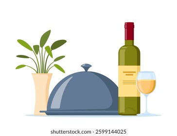 Bottle, wine glass and food on tray. Romantic dinner concept, restaurant dinner service. Bottle of wine and tray with lid.