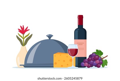 Bottle, wine glass and food on tray. Romantic dinner concept, restaurant dinner service. Bottle of wine and tray with lid.