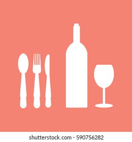 Bottle wine with glass and fork,spoon, knife icon