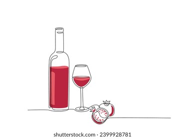 Bottle of wine with glass, bottle and grape continuous one line drawing. Single line drawing of bottle with alcohol, wineglass, glassware, fruit and color shapes. Line art style for restaurant menu
