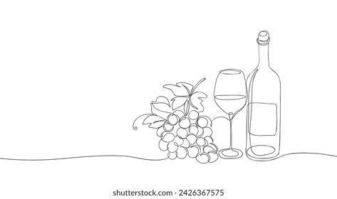 Bottle of wine with glass and grape one line drawing. Minimalist sketch of wineglass with red wine and bunch of grapes, alcohol concept. Vector contour illustration