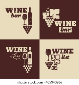 Bottle, wine glass and grapes. Set for announcement, advertisement, flyer or banner. Vector illustration.