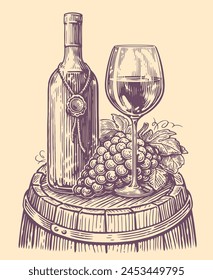 Bottle of wine with wine glass and grapes. Winery sketch. Vector illustration vintage engraving style