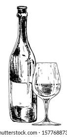 Bottle of wine and glass. Hand drawn illustration in engraving style. Isolated black illustration on white background