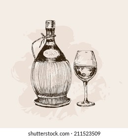 Bottle of wine and glass. Hand drawn graphic illustration