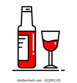 A bottle of Wine and a glass icon. Colors blue, red and black.