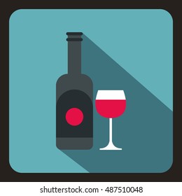 Bottle of wine and glass icon in flat style on a baby blue background vector illustration