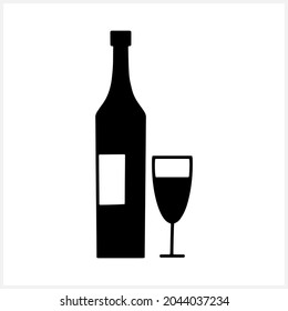 Bottle of wine and glass icon isolated on white. Stencil art. Drink vector stock illustration. EPS 10