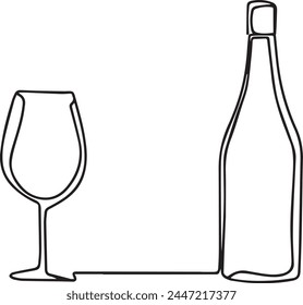 A bottle of wine and a glass icon line continuous drawing vector. One line Glass goblet icon vector background. Wine glass icon. Continuous outline of Wine bottle icon