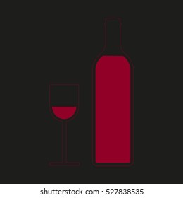 A bottle of wine and a glass icon on black  background. Vector illustration.