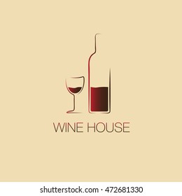 Bottle of wine with a glass wine. Icon, symbol, logo alcohol. For the menu, bar, restaurant, wine list. minimal.