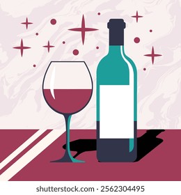 A bottle of wine and a wine glass illustration