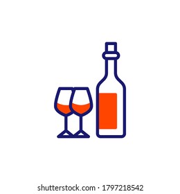 Bottle of wine and glass line icon. linear style sign for mobile concept and web design. Wineglases and Wine bottle outline vector icon. Symbol, logo illustration. Vector graphics