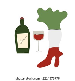Bottle of wine, glass and map of Italy. Art for your design