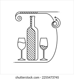 Bottle Of Wine And Glass Monoline, Wineglass Glassware Vector Art Illustration, Monoline Style, Single Stroke Width