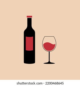 A bottle of wine and a glass on a beige background. Alcohol.