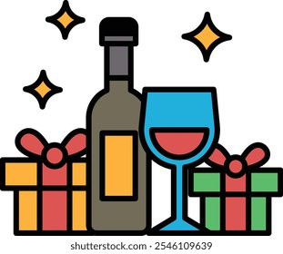 A bottle of wine and a wine glass are on a table with a bunch of presents. The wine glass is half full and the bottle is almost empty. The presents are wrapped in colorful paper and ribbons