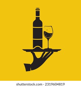 Bottle of wine with glass on tray. Black icon. Tray in the waiter's hand. Red wine in a glass. Vector illustration flat design. Isolated on white background.