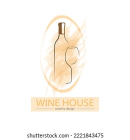 A bottle of wine and a glass on a watercolor background. A template for web design and creative ideas. Design in a flat style