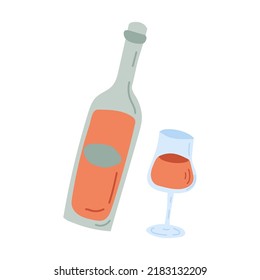 A bottle of wine and a glass painted in doodle style. Cozy autumn. Flat vector illustration