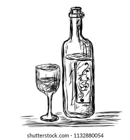 A bottle of wine and a glass of wine painted like a pencil. Drawing by hand, isolated on white background. a bottle of wine. wine in a glass. vector illustration
