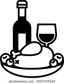 A bottle of wine, a glass of wine, and a plate of food