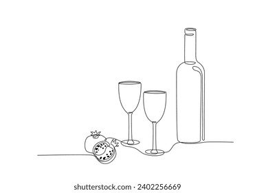 Bottle of wine with glass and pomegranate continuous one line drawing editable stroke. Single line drawing of bottle with alcohol, wineglass, glassware, fruit. Line art style for menu, banner, poster