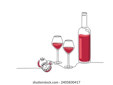 Bottle of wine with glass and pomegranate continuous one line drawing editable stroke. Single line drawing of bottle with alcohol, wineglass, glassware, fruit. Line art style for menu, banner, poster