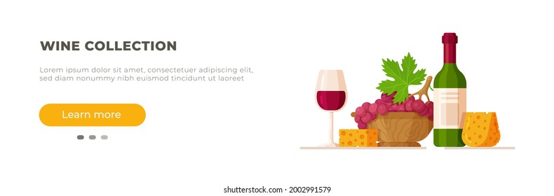  Una botella de vino y una copa de vino tinto. Ilustración vectorial de estilo plano sobre fondo blanco.