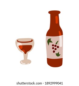 Bottle of wine and glass. Red Grape alcohol. drinking Addiction concept. Cartoon Doodle illustration
