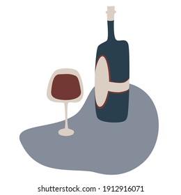 A bottle of wine and a glass of red wine. Still-life. Wine lovers’ concept. Poster idea, shirt print design or menu decoration. Vector illustration in a flat style on a white background.
