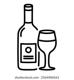 A bottle of wine and a glass of wine, representing wine serving, fine dining, and celebrations round line vector icon with editable stroke 