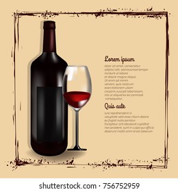 Bottle of wine with glass. Retro vector illustration