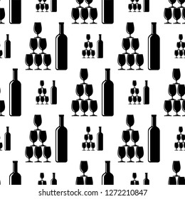 Bottle Of Wine And Glass Seamless Pattern Vector Art Illustration