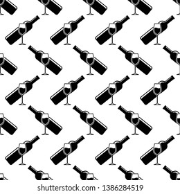 Bottle Of Wine And Glass Seamless Pattern Vector Art Illustration