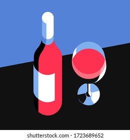 Bottle of wine and wine glass, top view. Vector illustration