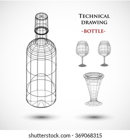 a bottle, wine glass, vase technical drawling